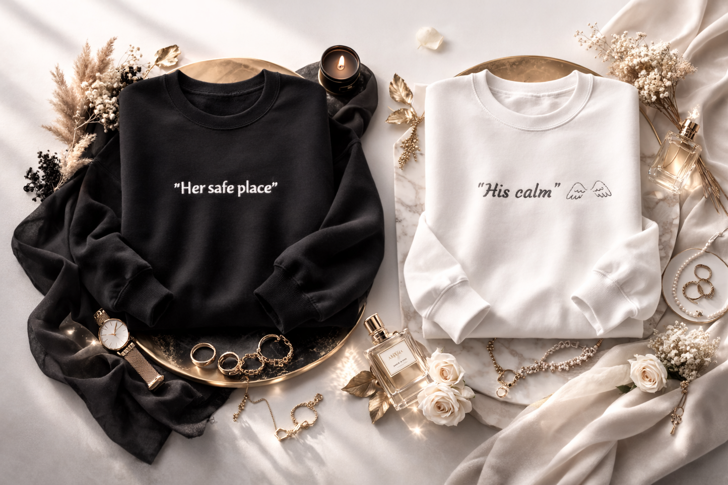 Premium Couple set Sweatshirts - "Her Safe Place, His Calm" Quality Embroidered Text